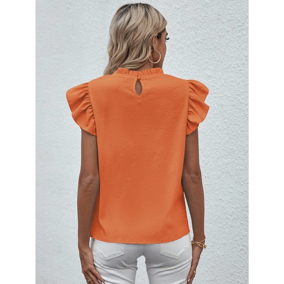 🌟 Mock Neck Lettuce Trim Ruffle short sleeve Blouse black - Picture 9 of 11